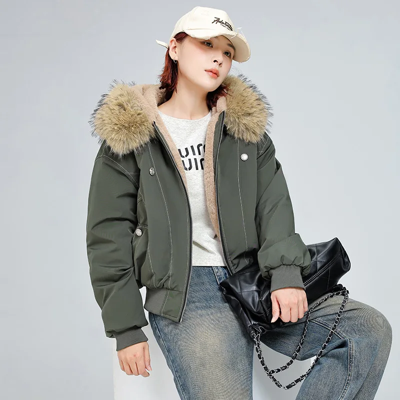 Retro Daunenjacke aus Baumwolle, Damen-Kurzmantel, gefälschter Kaninchenfellkragen, mit Kapuze, Winter, warm, verdickt, Oberbekleidung, Parkas, trendig