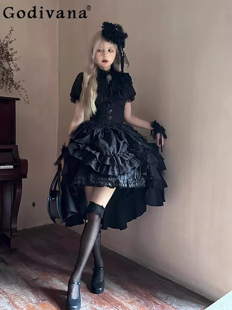 

Dark Loli Japanese Original Gothic Lolita Black Shirt Dress Sweet Cool Girl Lace Crew Neck Bubble Sleeve Shirt Set