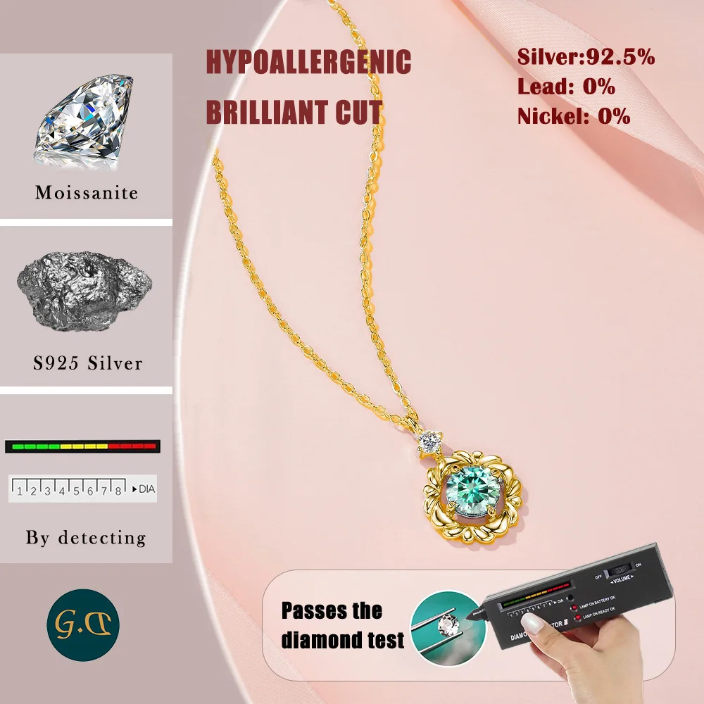 1.1CTW Moissanite Pendant Necklace 925 Sterling Silver 18K Gold Plated Green Round Cut Comes with GRA Certificate