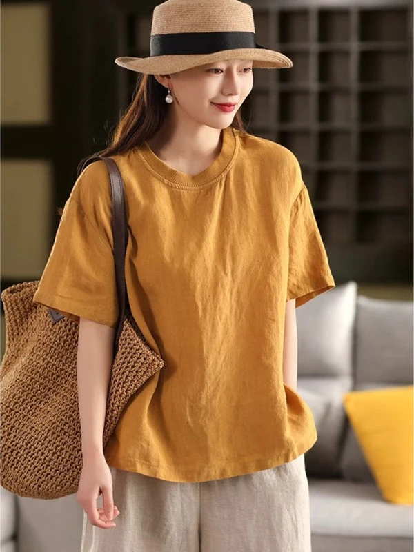Retro Pure Color Linen T-irt Women Loose Large Size Simple Match Casual ort Sve Top Summer New Arrival 2025
