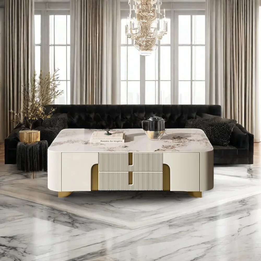 Centre de divertissement moderne en pierre frittée blanche, meuble de rangement latéral pour salon, meuble TV avec Base en métal doré