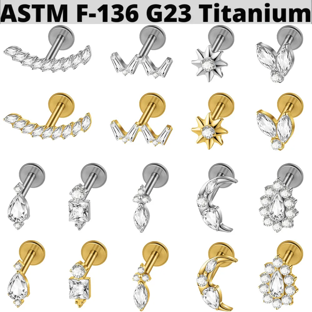 1PC G23 Titanium Labret Stud Clear Zircon Star Moon Sun Lip Ear Piercing Jewelry Internal Thread Cartilage Tragus Helix Earrings