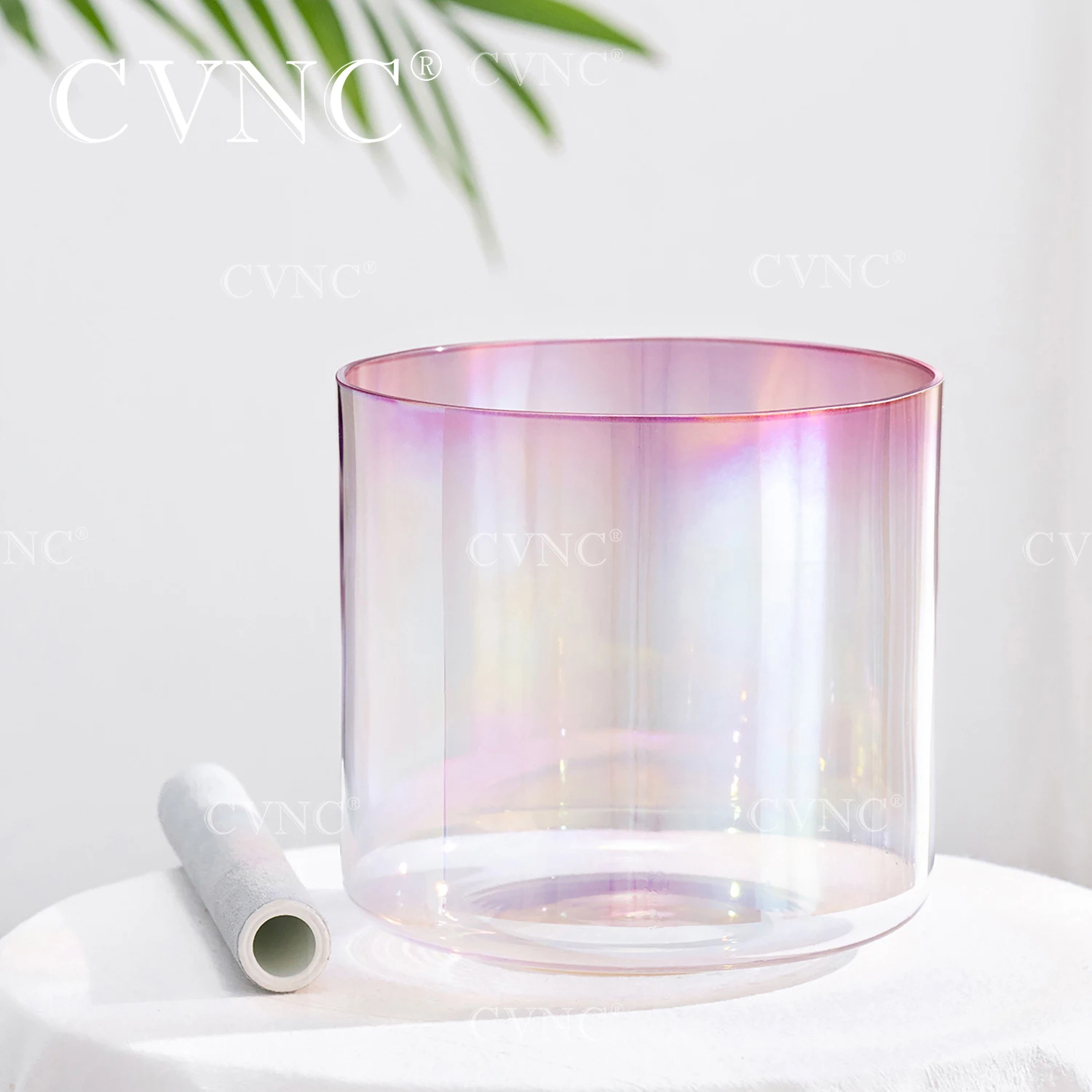 CVNC 6 Inch 440/432HZ Pink Aura Cosmic Clear Alchemy Colored Quartz Crystal Singing Bowl for Sound Healing with Mallet