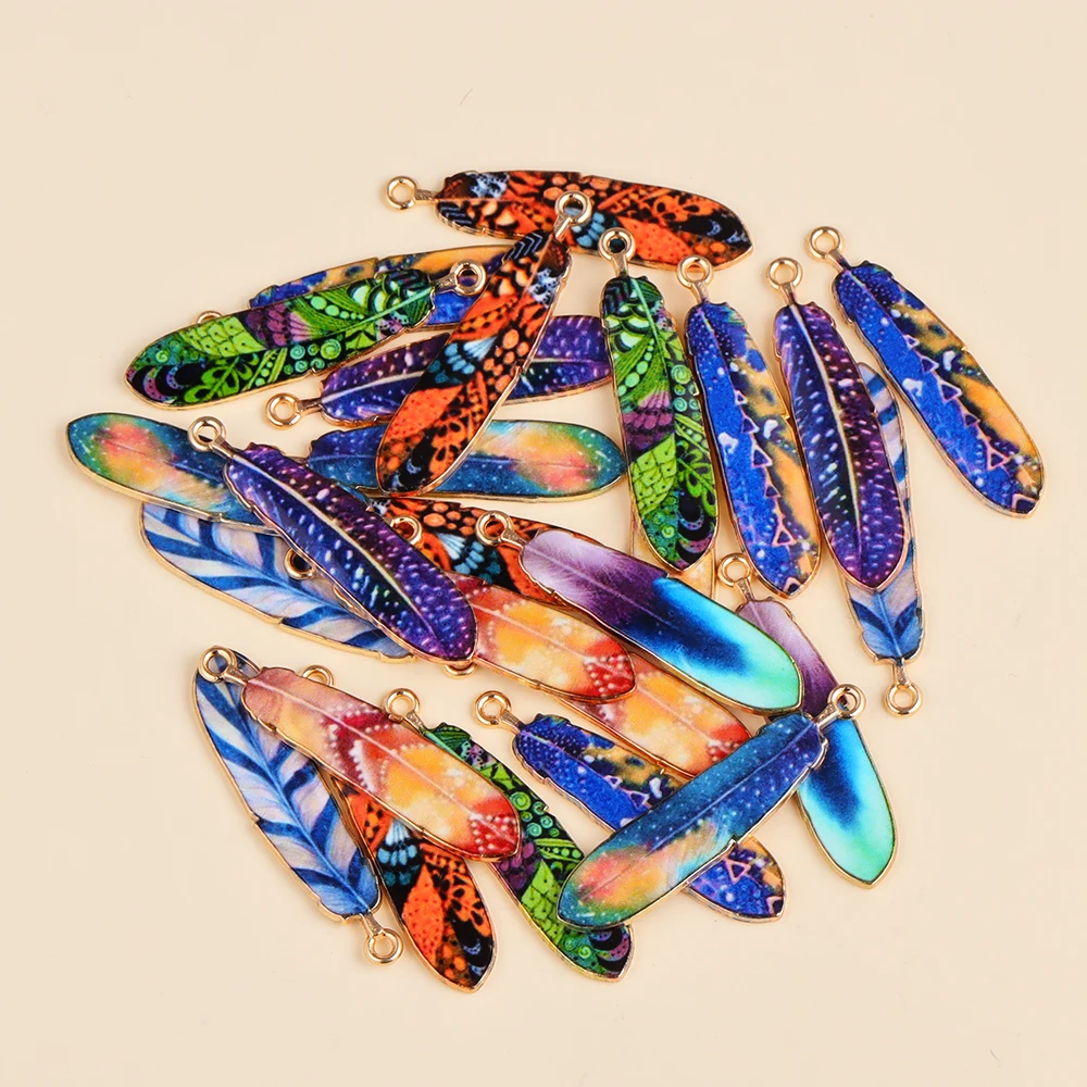 10Pcs Bohemian Ethnic Style Charms Colorful Enamel Feather Alloy Pendant For Women\'s DIY Earrings Jewelry Craft Alloy Accessorie