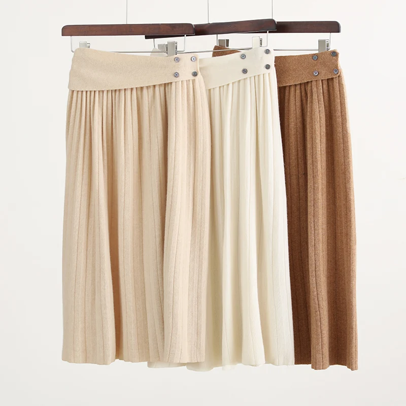 Women Wool Color Block Skirts Elastic Waist Autumn Winter 100% Merino Wool Knitwear A-Line Skirts Grace Pure Wool Pleated Skirt