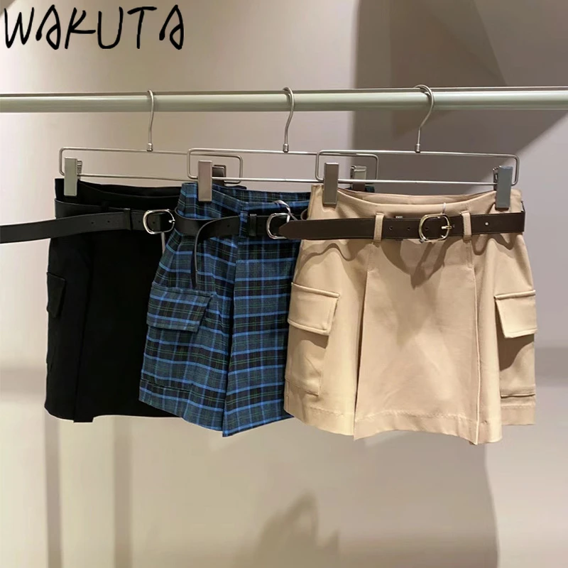 Wakuta Japan A-line Solid Sweet Skirt Shorts High Waist Ruched Belt Casual Woman Pants Moda All-match Elegant Mujer Pantalones