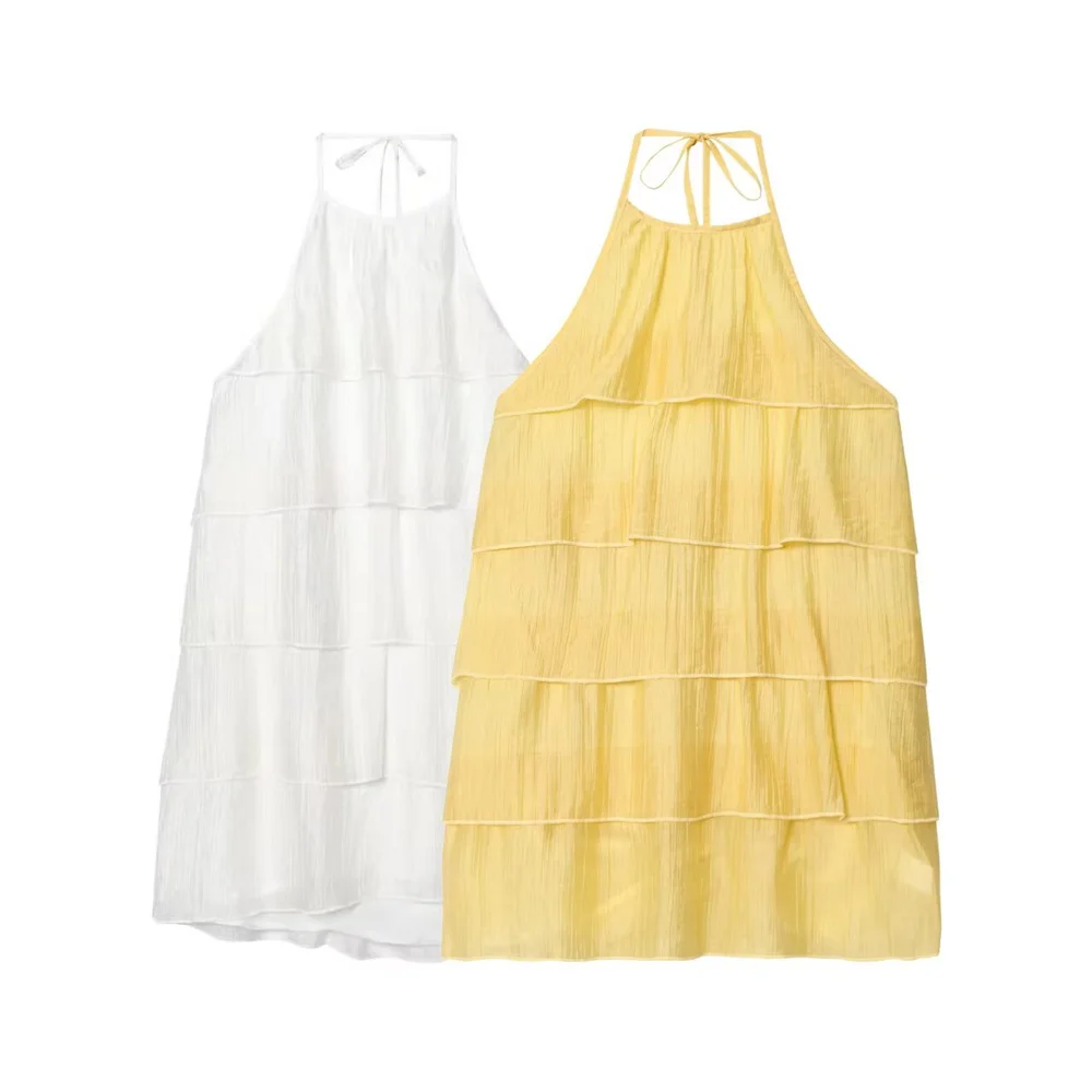 Novo vestido feminino com decoração doce e em camadas, costas nuas, gola pendurada, vestido curto