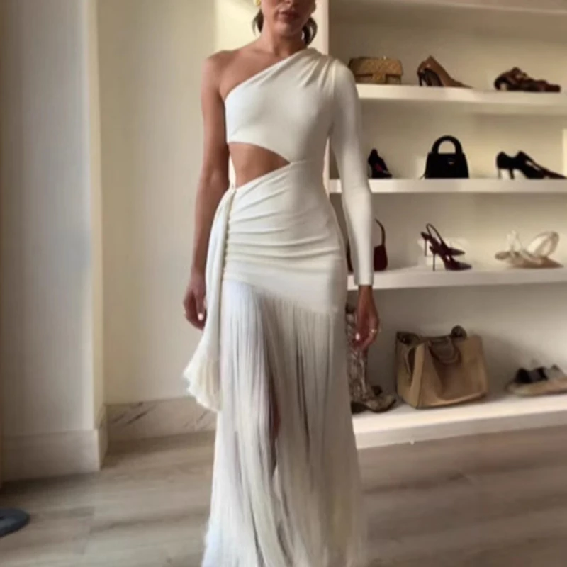 Irregular Ruched Sexy Maxi Dress For Women One Shoulder Sleeveless Hollow Out Long Dress Slim High Waist Backless Tassel Dresses