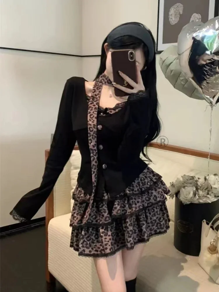 Ästhetische dünne Langarm 2-teiliges Set Frauen Winter schlanken V-Ausschnitt gefälschte zweiteilige Top y2k elastische Taille Rüschen Rock Anzug neu