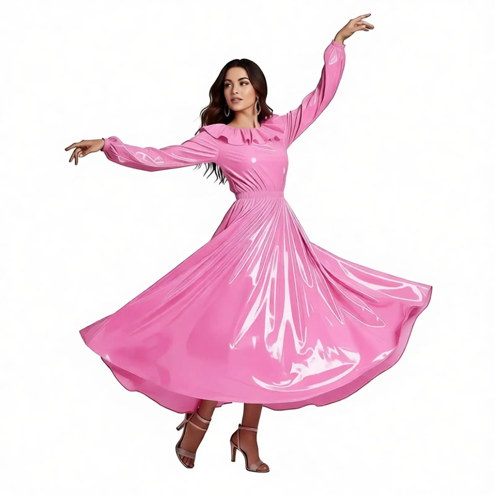 Image of Damen Wasserdichtes Vinyl-Kleid mit Rüschenbesatz Rundhalsausschnitt Langes Kleid mit Schwingsaum für Rave-Party Clubwear Glänzendes Kleid