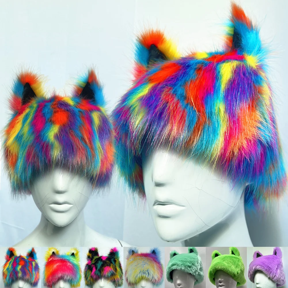 58-60cm Faux Fur Cat Ears Hats For Women Men Oversize Outdoor Warm Rainbow Plush Beanie Hat Winter Earflaps Fluffy Faux Fur Caps