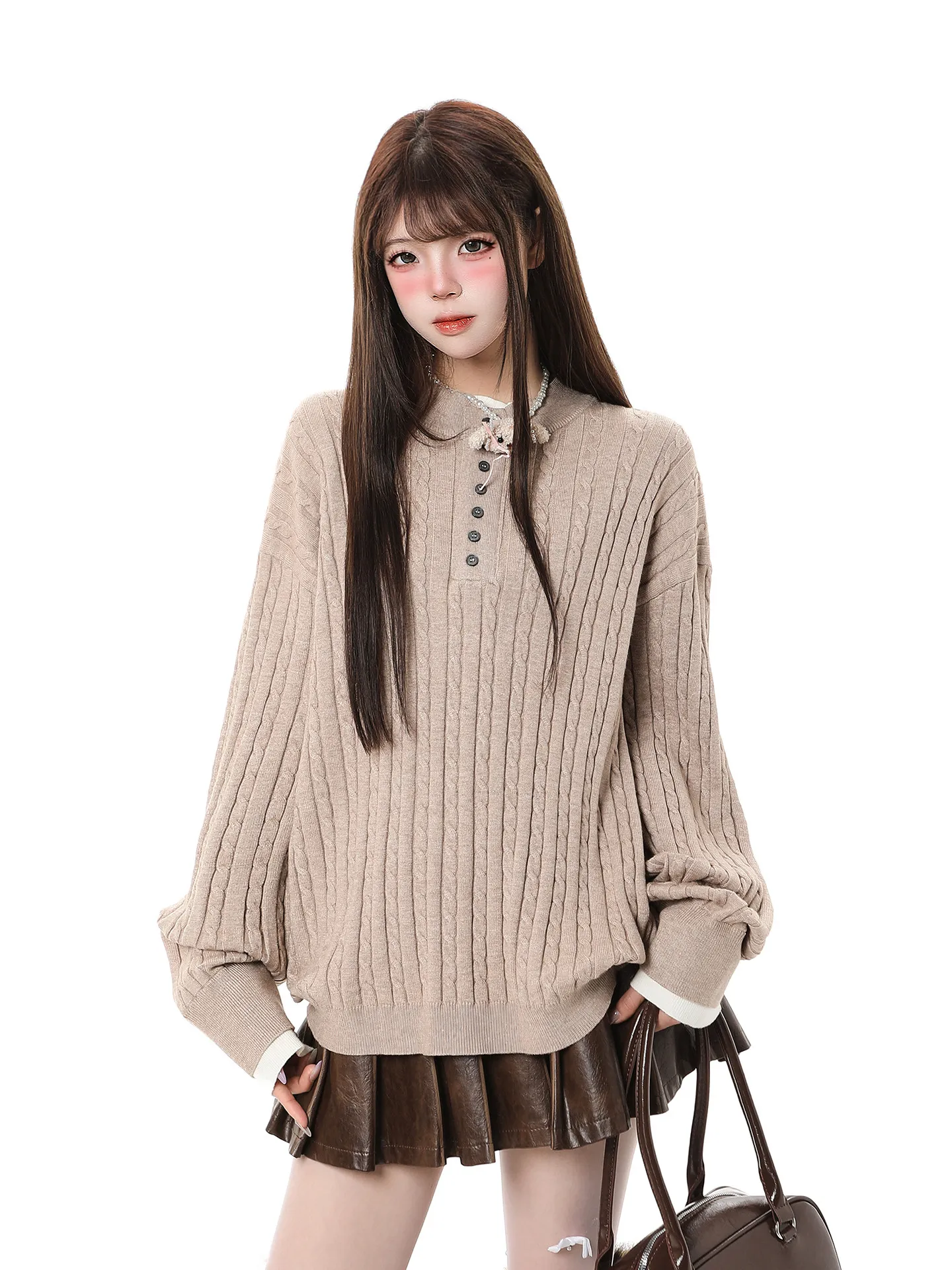 

Мягкий уютный женский вязаный свитер на осень-зиму, свободный повседневный крой, с воротником хенли, спиральным узором, теплый, для работы и повседневной носки, приталенный крой