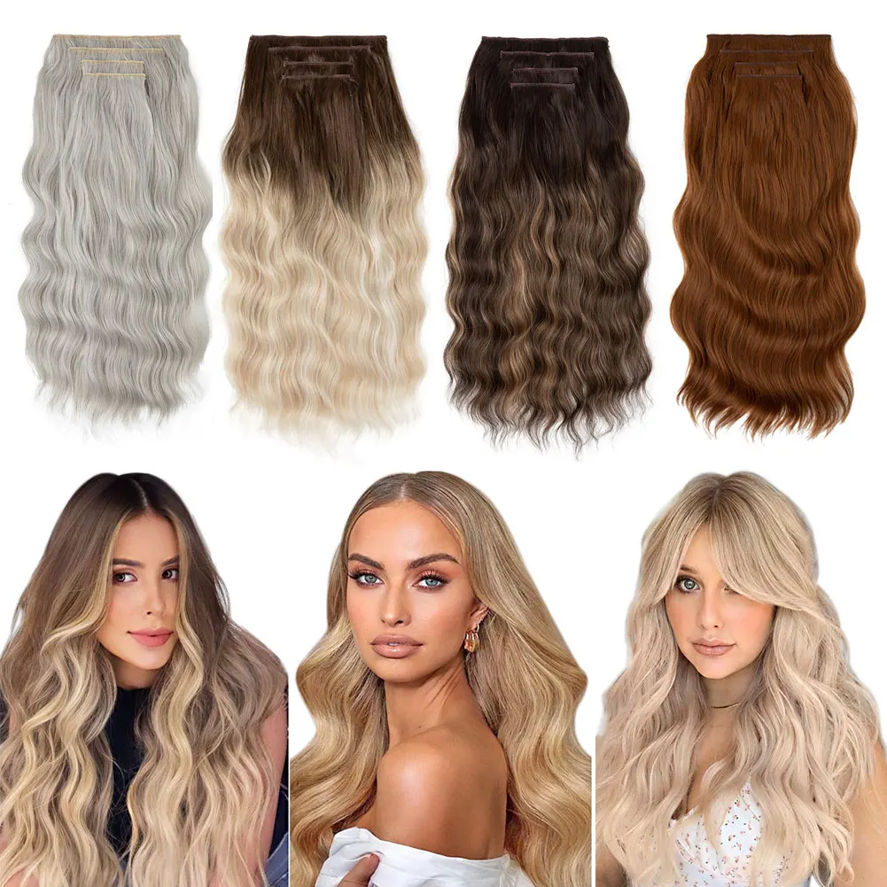 

4pcs/set Synthetic Long Wavy Clip In Hair Extensions 22" Thick Hairpiece For Women Brown Blonde Black Natural Fake Hair