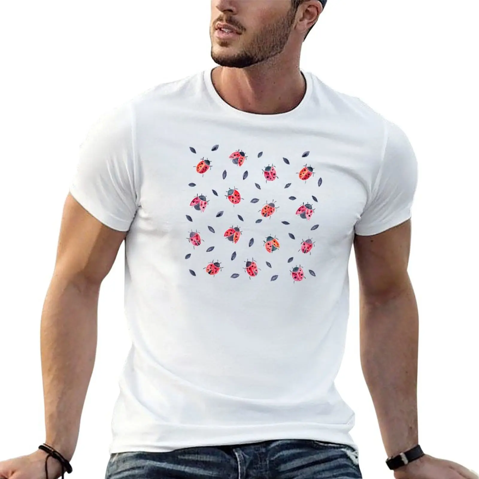 

Lucky Ladybugs & Black Leaves T-Shirt t shirts with prints cotton t shirts man 100% graphic t shirts for man T-shirt