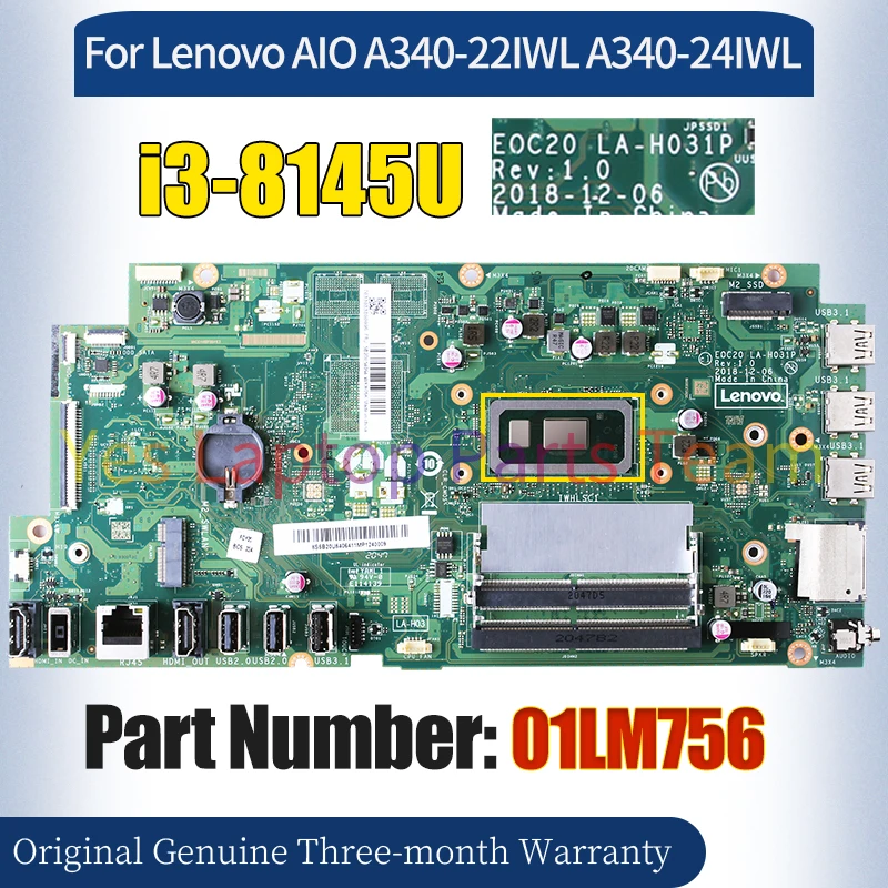 EOC20 LA-H031P For Lenovo AIO A340-22IWL A340-24IWL Mainboard 01LM756 SRD1V i3-8145U All-in-one Motherboard 100％ Tested