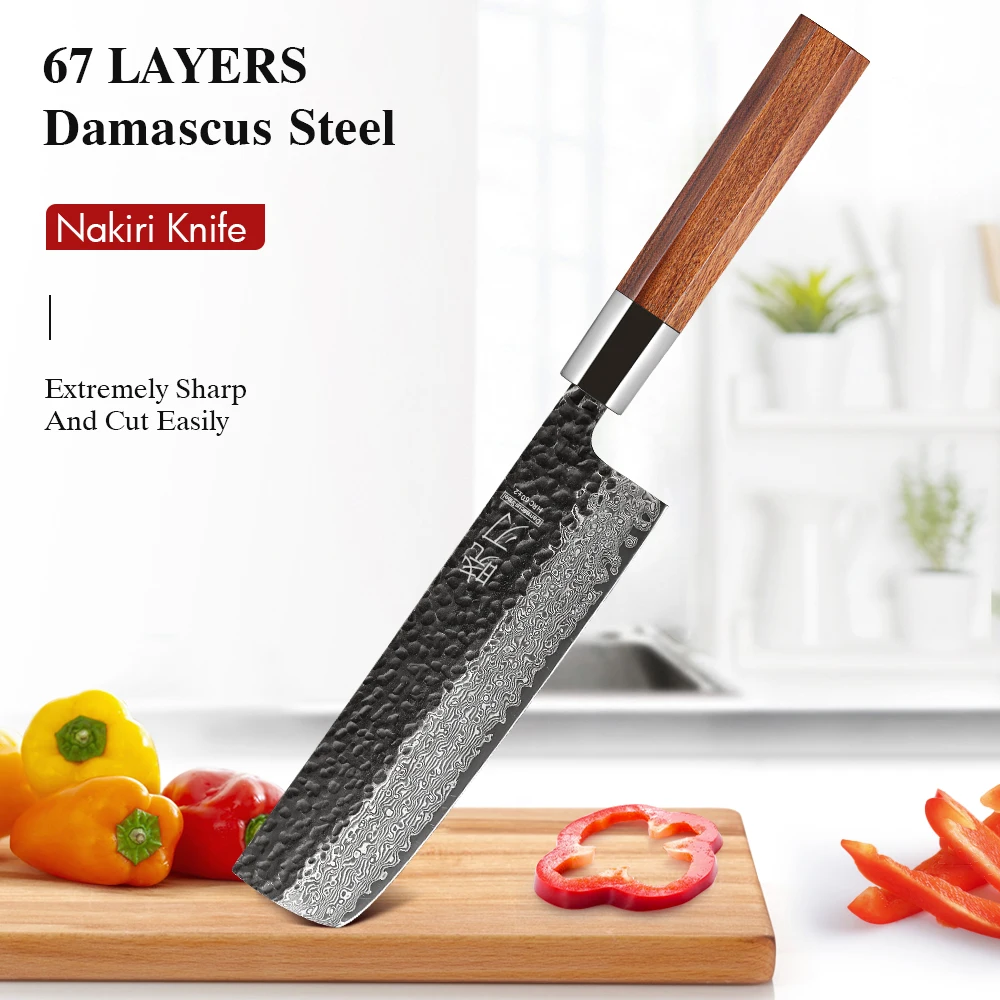 

7-дюймовый японский нож Накири из дамасской стали, острая овощерезка для мяса, тесак, профессиональный нож шеф-повара, кухонные ножи ручной работы