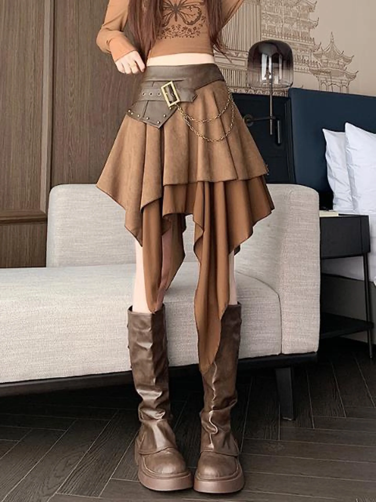 Trendy Half-length Asymmetrical Suede  Skirt for Women High Waist Commute Style Fashionable Spring Autumn Seasonal Design