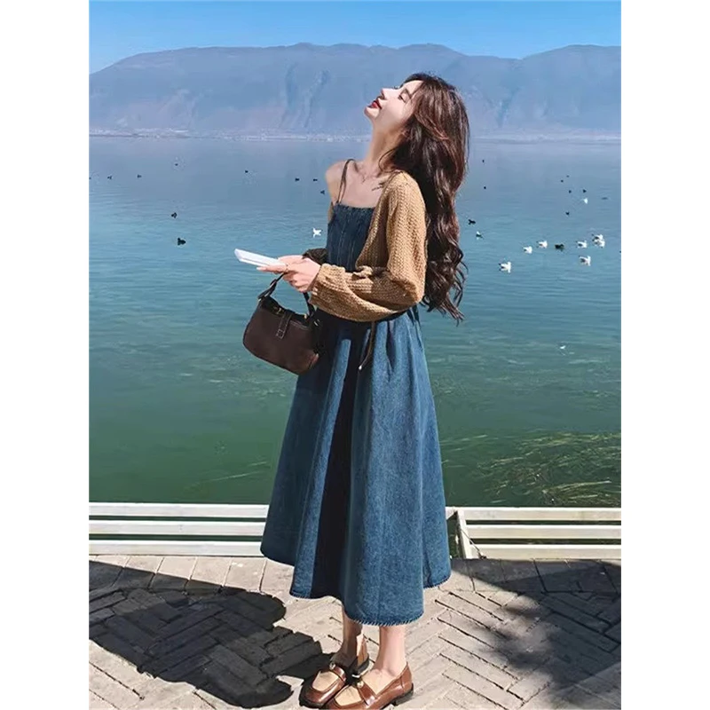 

Винтажное джинсовое платье без рукавов для женщин, лето 2026, новинка, французский стиль, элегантное длинное платье с квадратным вырезом, А-силуэт, женская одежда