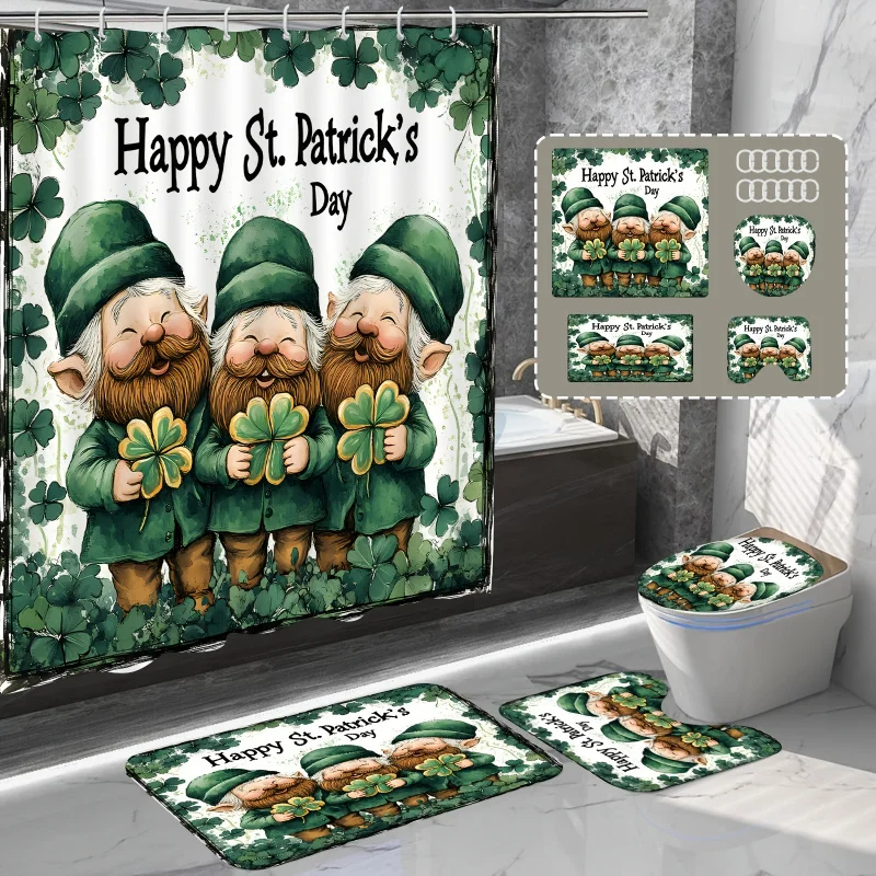 1pc/4pcs St. Patrick'S Day Bathroom Set, Water-Resistant Polyester Shower Curtain with Non-Slip Hook, Machine Washable, All-Seas