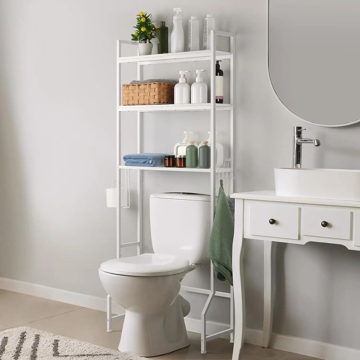 

Over The Toilet Storage Rack 3 Tier Over Toilet Bathroom Organizer Wooden Behind The Toilet Storage Standing Shelf with 4 Hoo