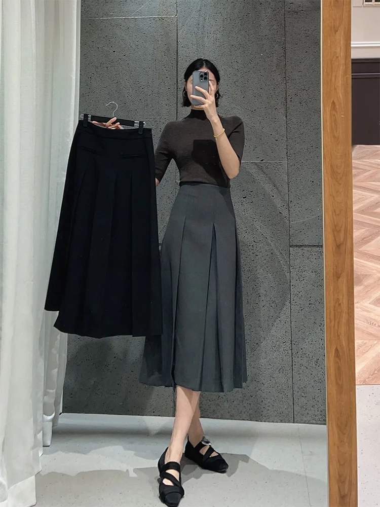 

Fashionable High Waist A-Line Pleated Skirt Simple Design Women's Midi Skirt Slimming Effect Office Commute Style