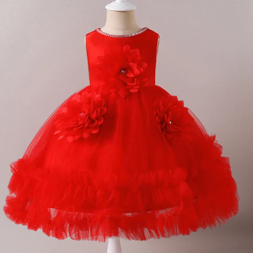 Baby Girl One-piece Dress Big Flower Summer Kid's Princess Party Ball Gown Beading Collar Children Dresses 0-4 Years 4