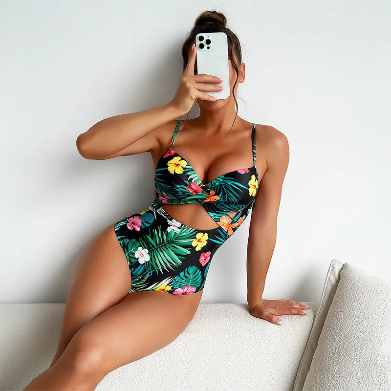 

Floral print small bust push-up one-piece swimsuit, conservative triangle slimming bikini swimwear for women