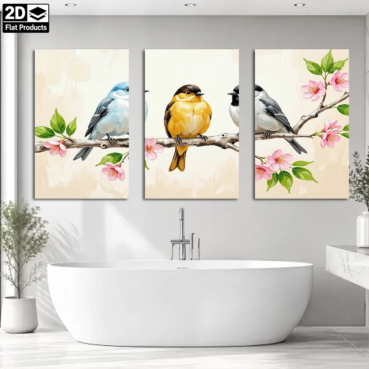 Frameless 3PCS 2D Decorative painting - Canvas painting - Three birds on a branch with pink flowers and green leaves cheap ro