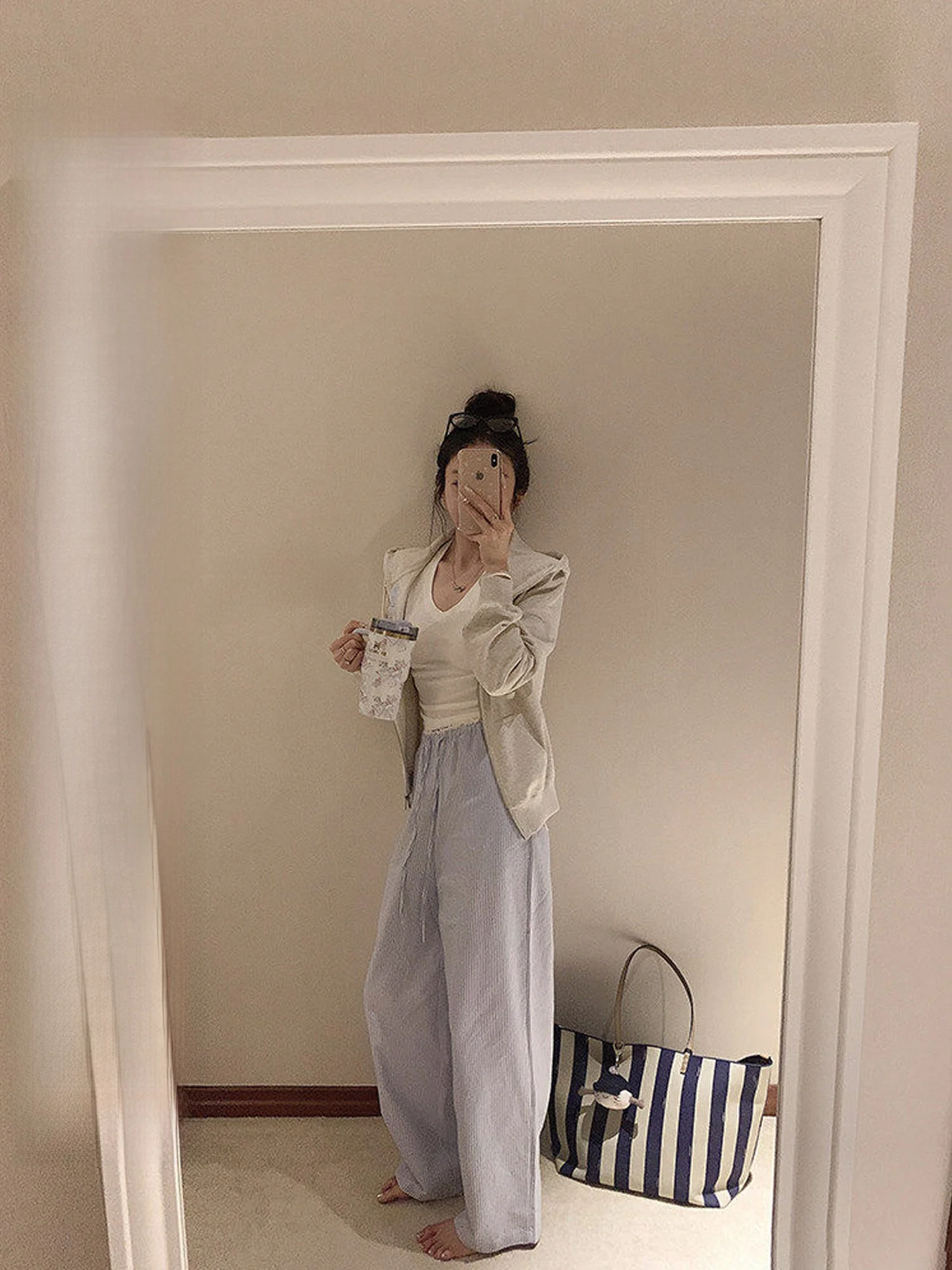 

Freely Kinetic Blue And White Striped Pants Loose Fit Ladies Hoodie Cotton Long Sleeve Zipper Closure Commute Style Garment