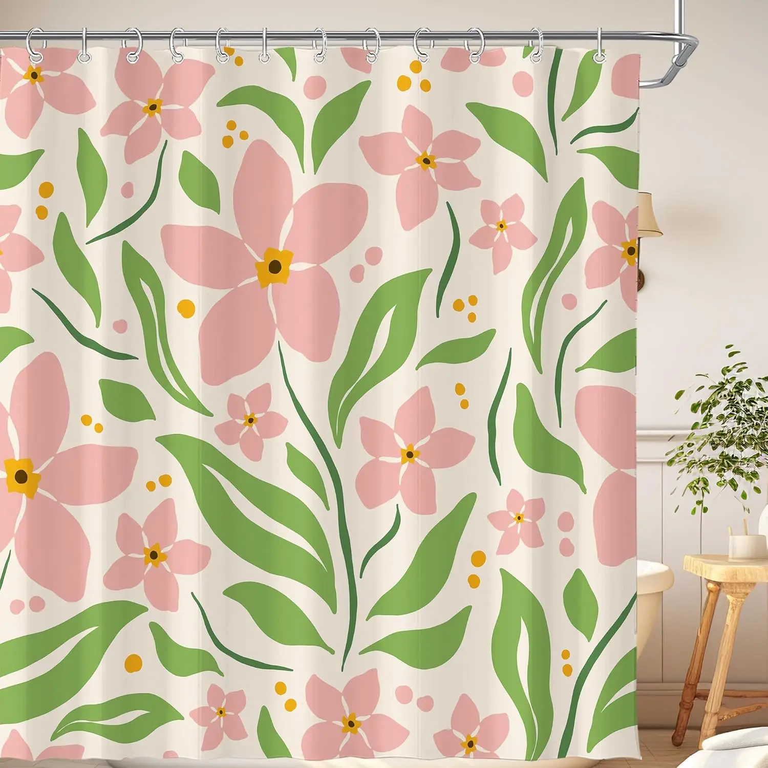

Pink Floral Shower Curtain Pastel Flowers Green Leaves Spring Design Boho Bathroom Decor Nature Inspired Bath Linen
