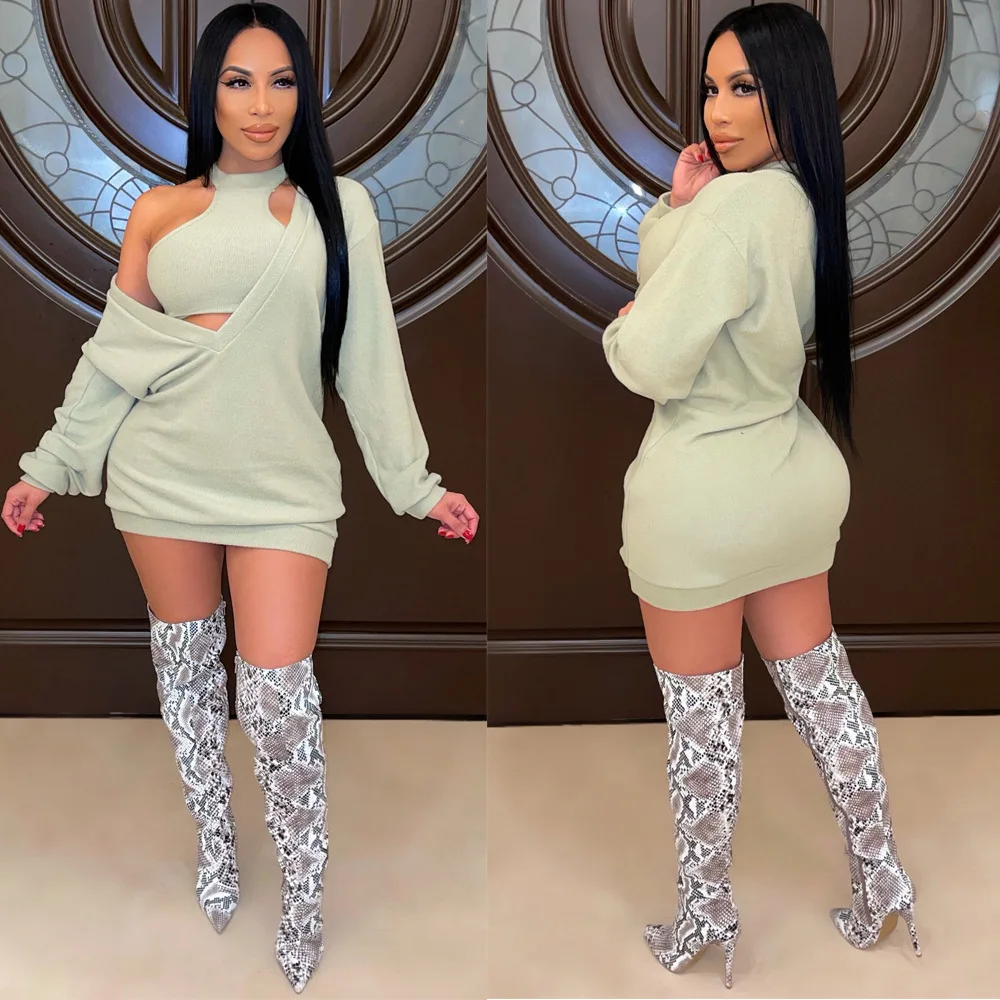 

2023 Spring and autumn women's large V-neck sweater dress and undershirt fashion casual street two-piece solid color suit basics