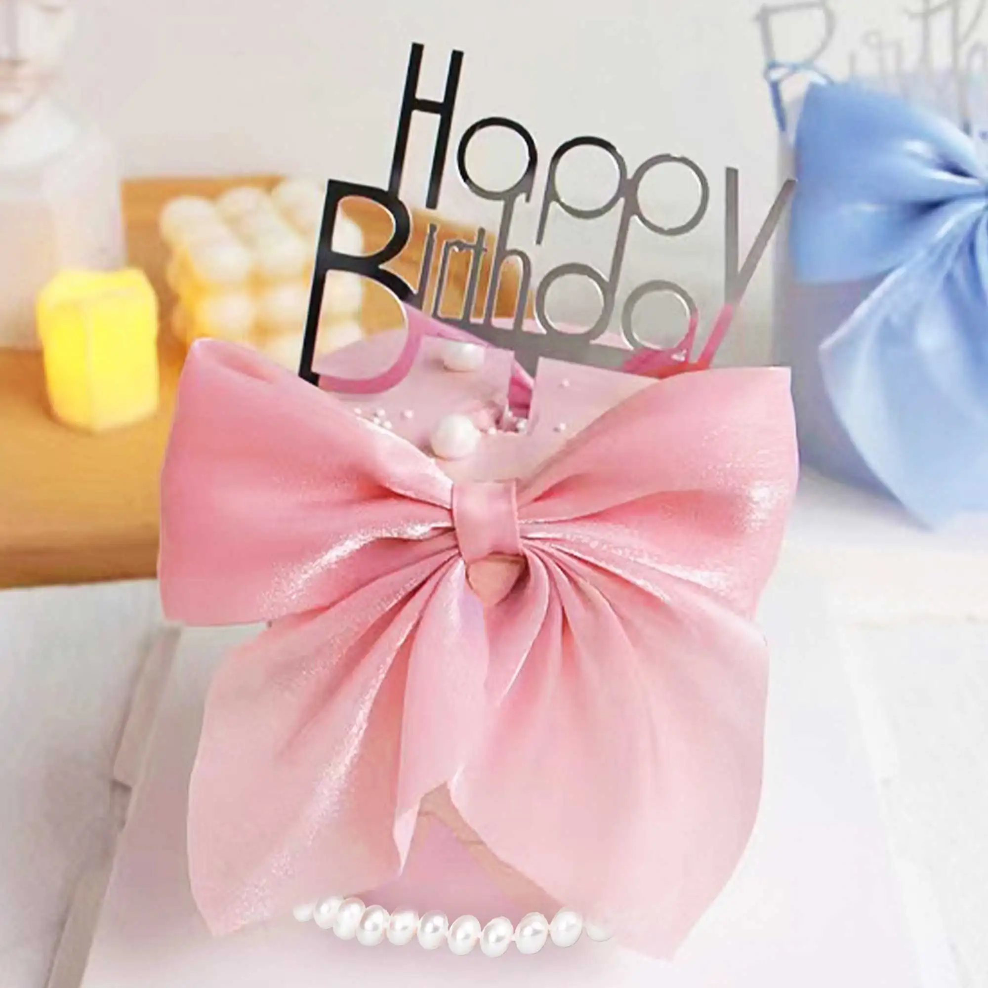 LaVenty Pink Ribbon Bow Cake Topper Pearl Cake Decor Coquette Birthday Cake Bachelorette Birthday Party Bow Party Decorations