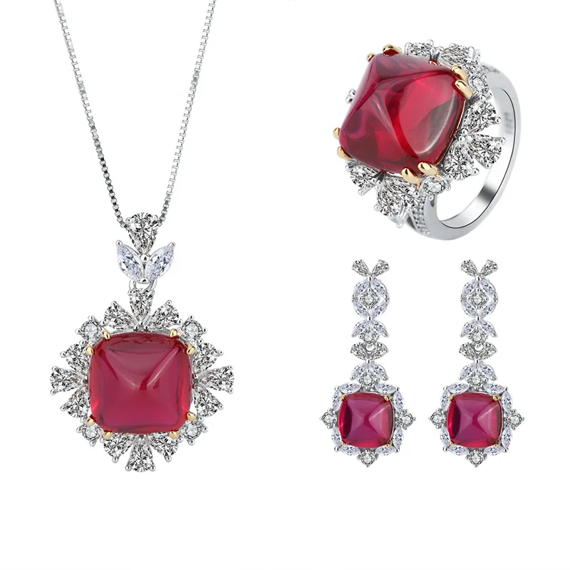 Jewelry S925 Silver Gemstone Red Gemstone Sugar Tower Full Diamond Pendant Ring Earrings Three-Piece Set