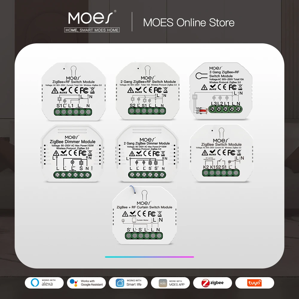 

Модуль умного переключателя ZigBee MOES, диммер, переключатель штор, приложение Smart Life, дистанционное управление, голосовое управление Alexa Google Home