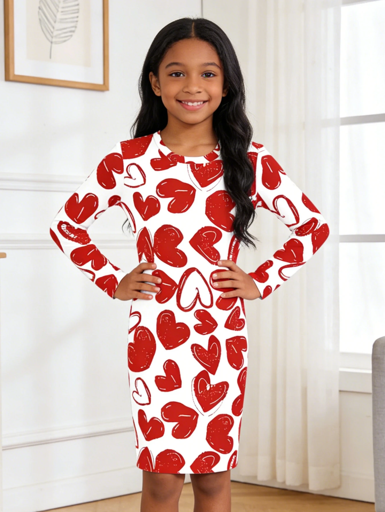 

2026 Girls' red love print slim-fitting long-sleeved dress, children's casual fashion dress