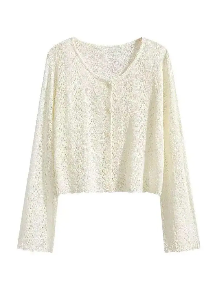 Korean Style Luxury Hollow out Loose Slim Fit Knitted Cardigan Women's Spring Elegance Long Sleeve round Neck High End Feel Top