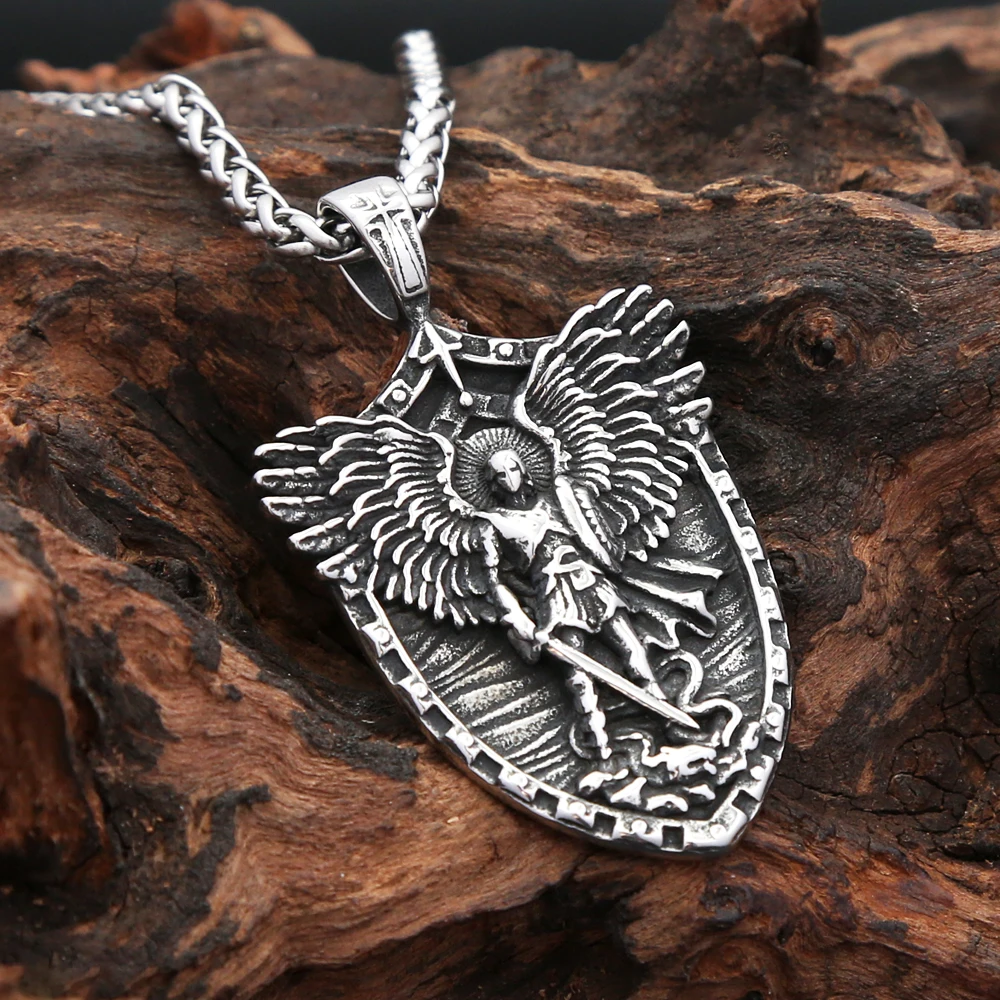 Fashion Vintage Stain Michael With Angel Wings Pandent Necklaces For Men Women Stainless Steel Biker Amulet Jewelry Dropshipping