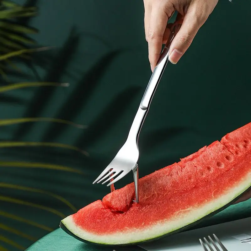 304 Stainless Steel Watermelon Cutter 2 In 1 Fruit Fork Cantaloupe Melon Spoon Slicer Dicer Kitchen Vegetable Mango Salad Tools