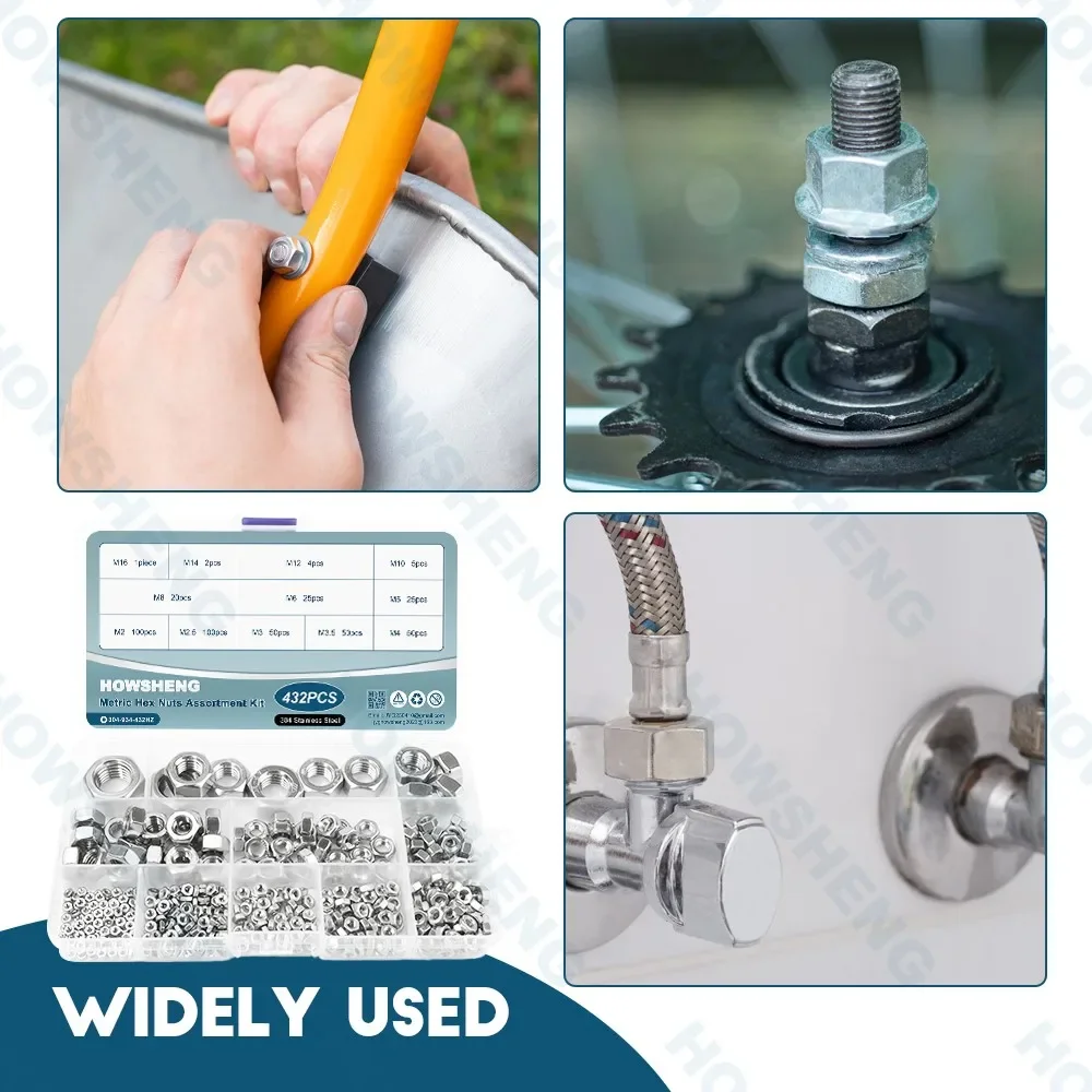 Juego surtido de tuercas hexagonales de 412/432 Uds M2 M4 M6 M8 M10 M12 M14 Kit surtido de tuercas hexagonales de acero inoxidable 304 DIN934