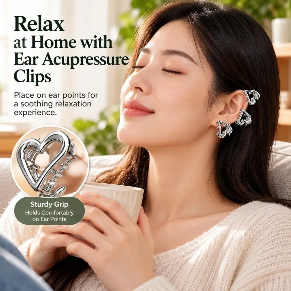 6Pcs Heart Shaped Ear Acupressure Clips Toothed Jaw Silver‑Tone Ear Massage Clips Spring Grip Claw‑Type Ear Therapy Clips