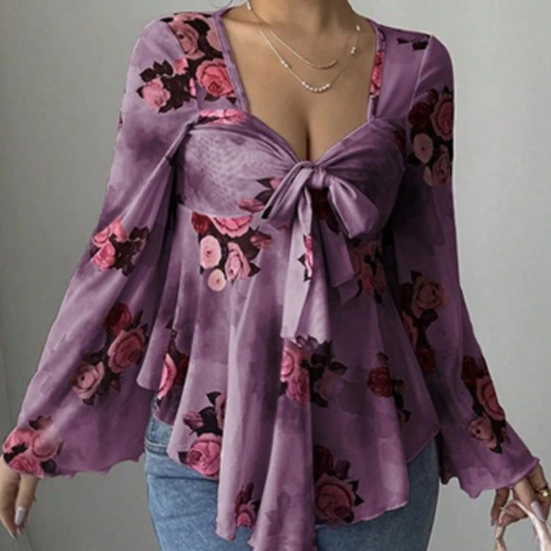 2025, neues Design, französisches, langärmliges Hemd mit süßen Blumenflecken und quadratischem Ausschnitt