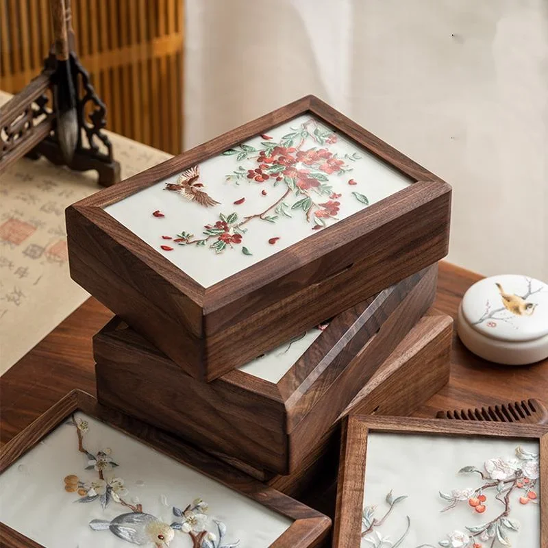 

Walnut Embroidery Jewelry Storage Box High-grade Delicate New Chinese Style Jewelry Ring Box Wedding Christmas Gift Box