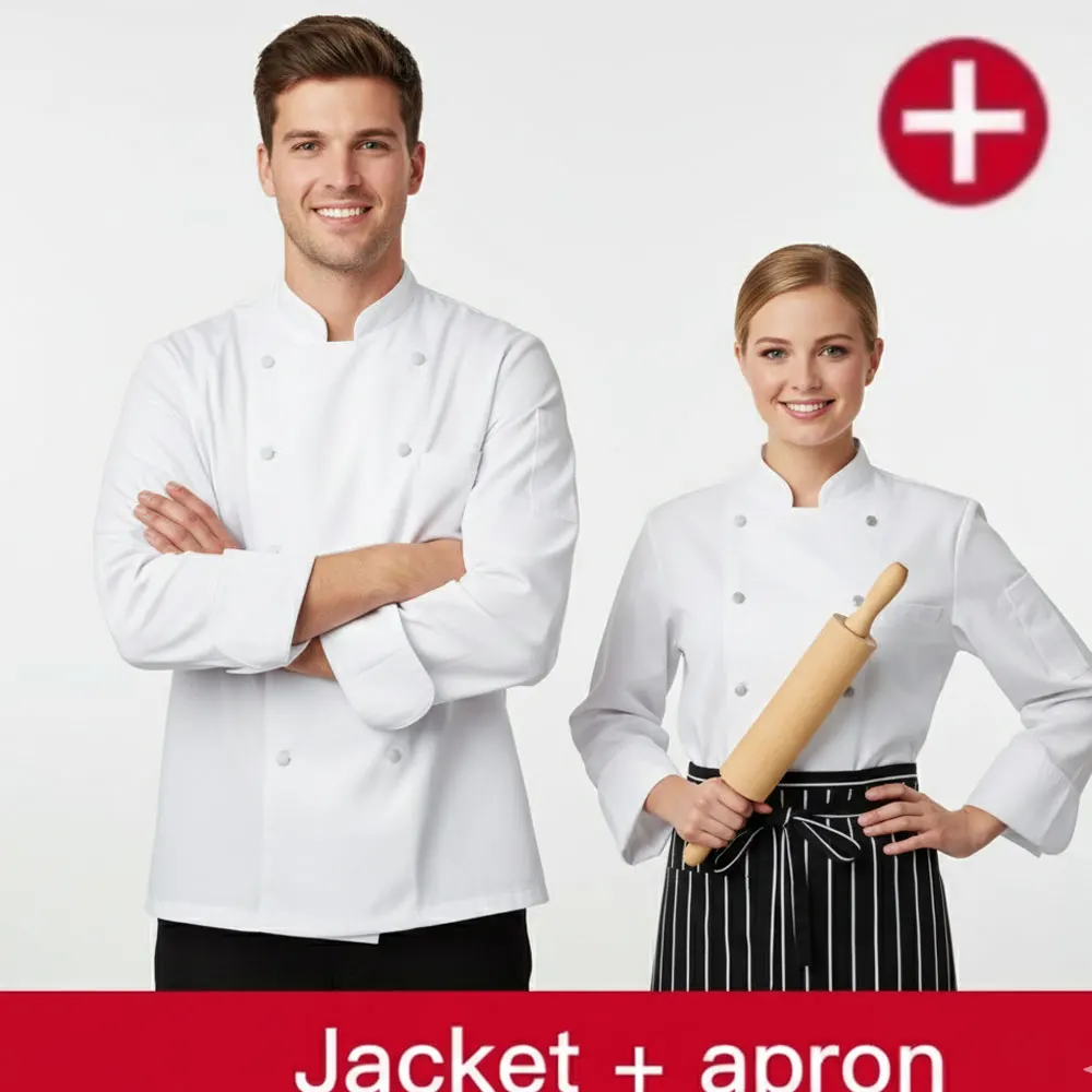 ชุดเชฟ 2 ชิ้น เสื้อยืดและผ้ากันเปื้อน ชุดทำงานสำหรับเชฟ แม่ครัว พนักงานเสิร์ฟ ร้านอาหาร โรงแรม เสื้อผ้าผู้หญิง เสื้อเชฟสีขาว