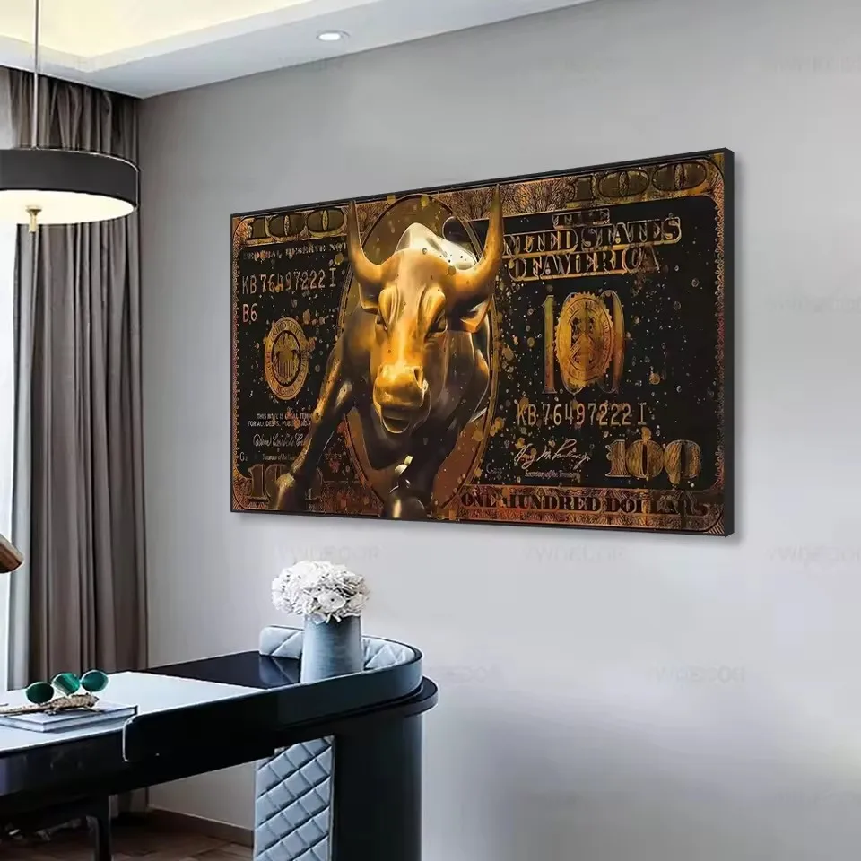 Large Size Golden Bitcoin Bull Bear Wall Street Bull Investment Wall Art Wealth Investing Poster for Room Office Decor Gift