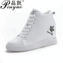 7cm Genuine Leather Platform Wedge Chunky Sneaker embroidery Shoes Hidden Super Heel Women Ankle Boots Motorcycle 34 40