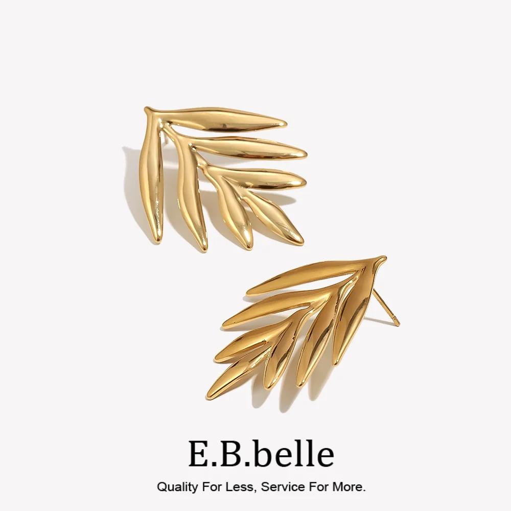 E.B.belle 18K Gold Plated Leaf Branch Stud Earrings For Women Stainless Steel Palm Leaf  Earrings Minimalist Botanical Jewelry
