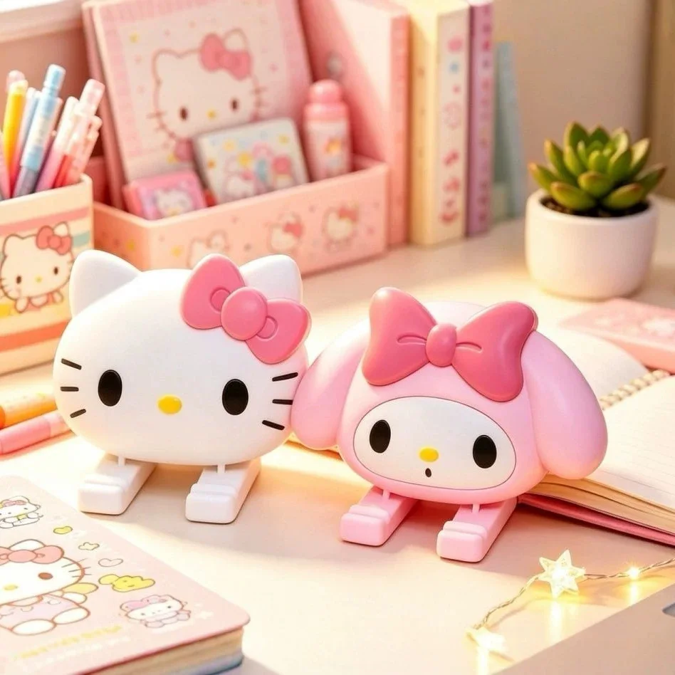 Suporte de celular portátil dobrável com tema da Hello Kitty, ideal para pequenos presentes entre amigos.