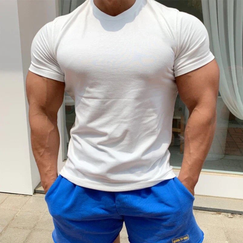 

Muscle Men's T-Shirt Sports Leisure Running Fitness Clothes Exercise Solid Color Cotton Slim Short Sleeve Bottoming T-Shirt