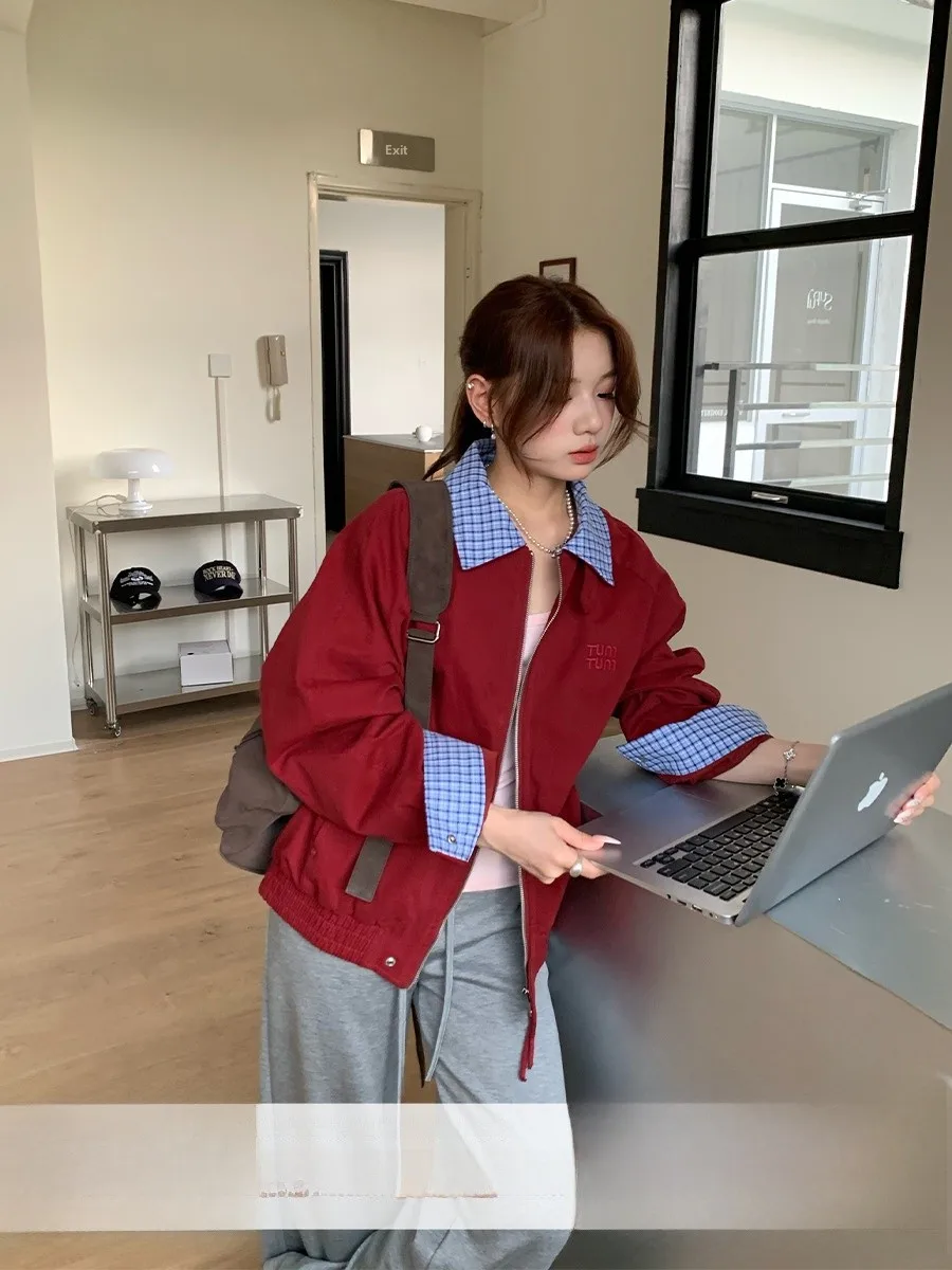 

Orange Tree Retro Patchwork Collar Women's Jaet Autumn Casual Spor Top Buttoned Long Sve Stand Fit Ladies Coat