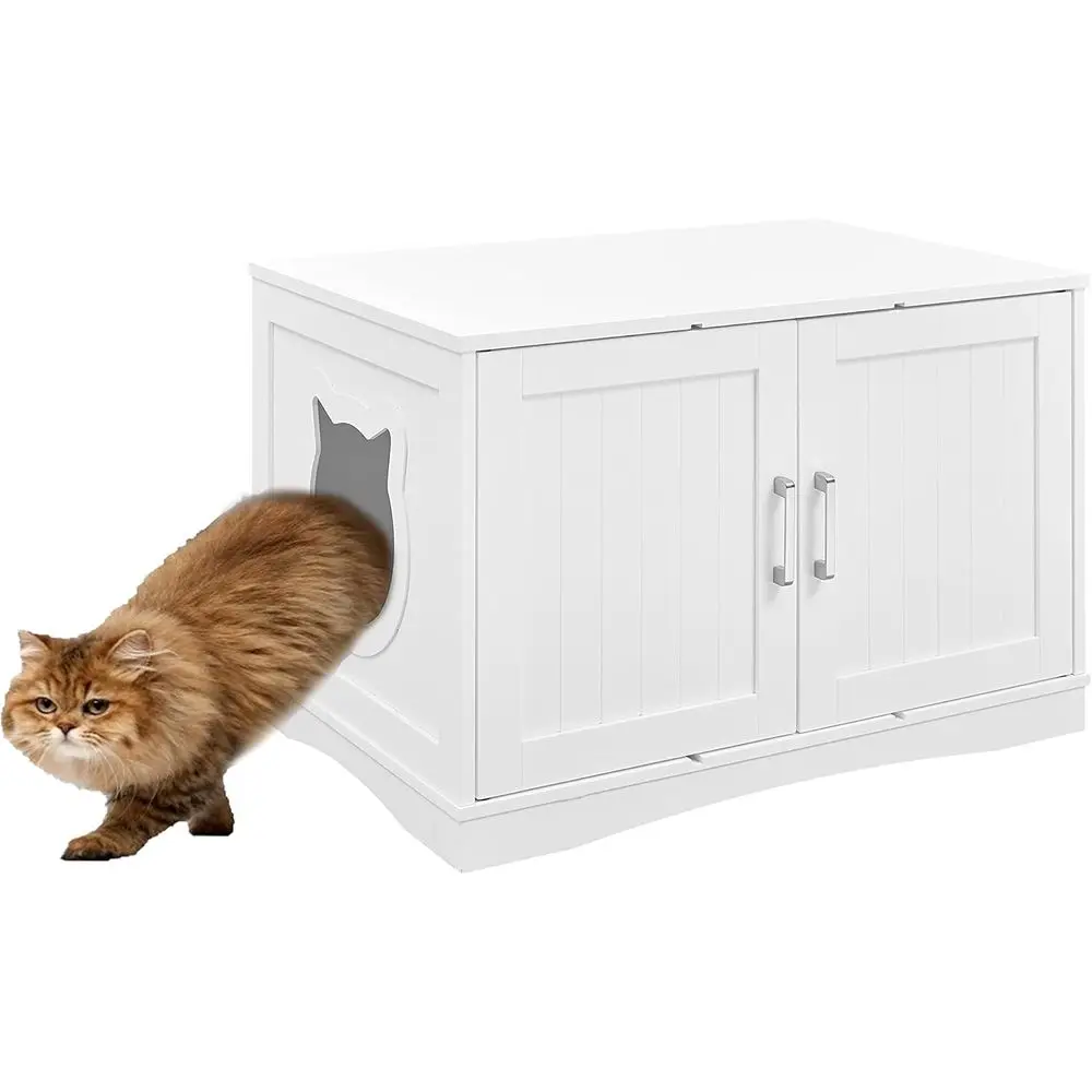 White Cat Litter Box Enclosure with Storage Bench, Table, and Easy Assembly